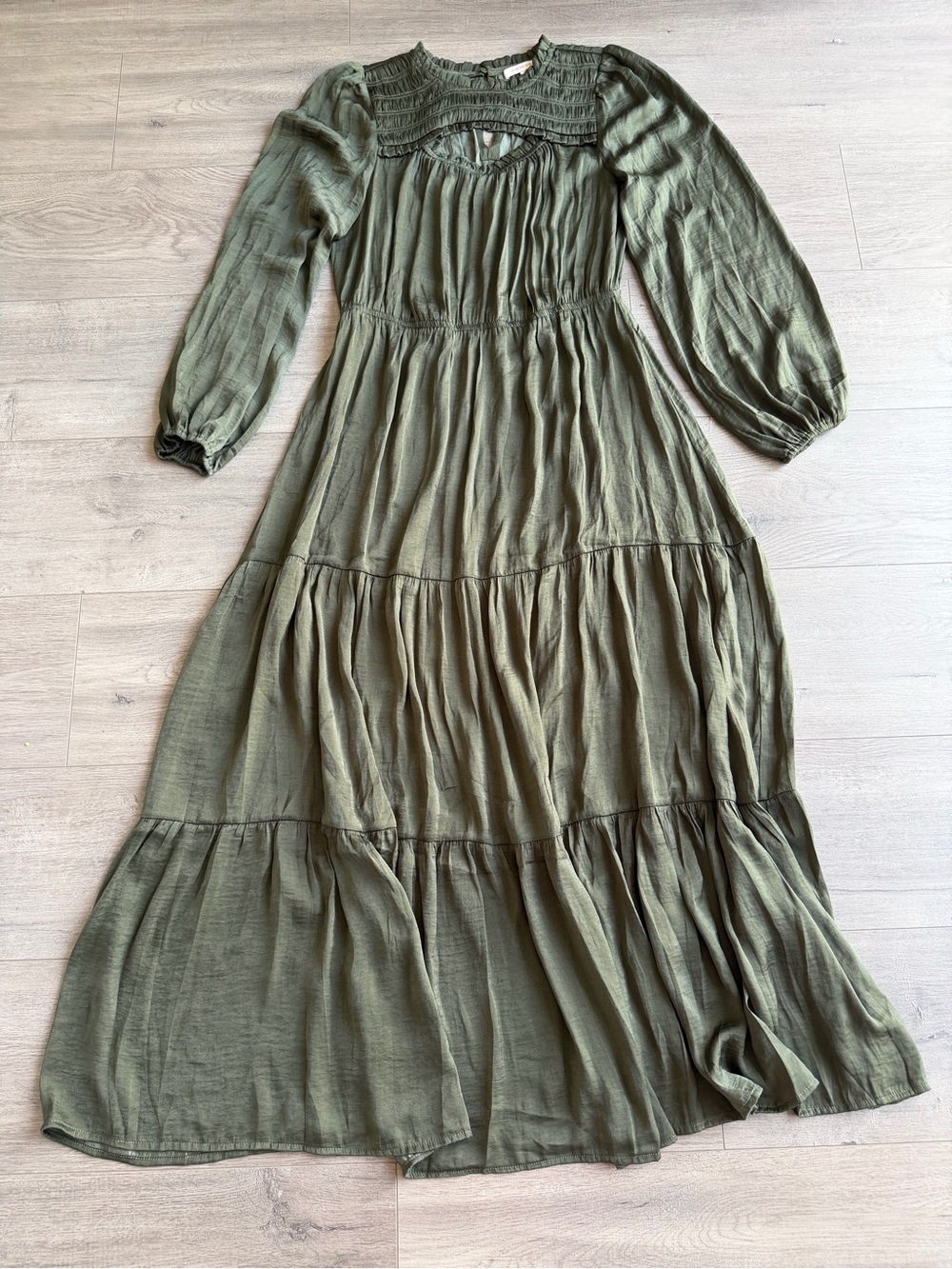 Skies Are Blue Olive Green Tiered Maxi Dress - size medium
